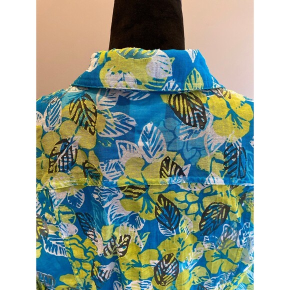Ruby Rd. Button Down Blouse Sz 14 Turquoise Blue Lime Green Tropical Top Sheer - Picture 6 of 11